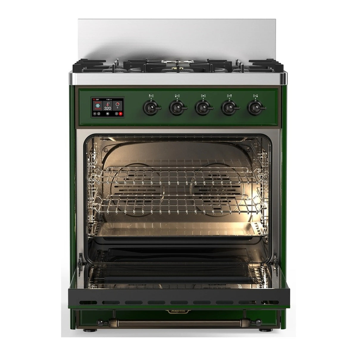 Emerald green oven with open door showing rack and heating element