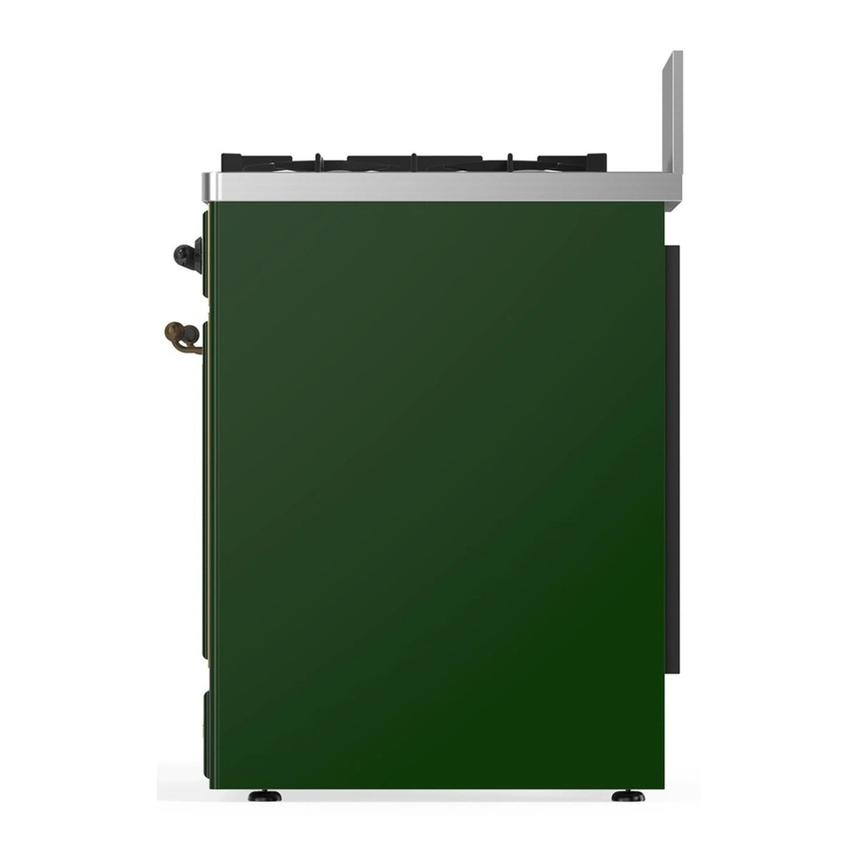Emerald green range side panel with brass-toned control knobs and trim