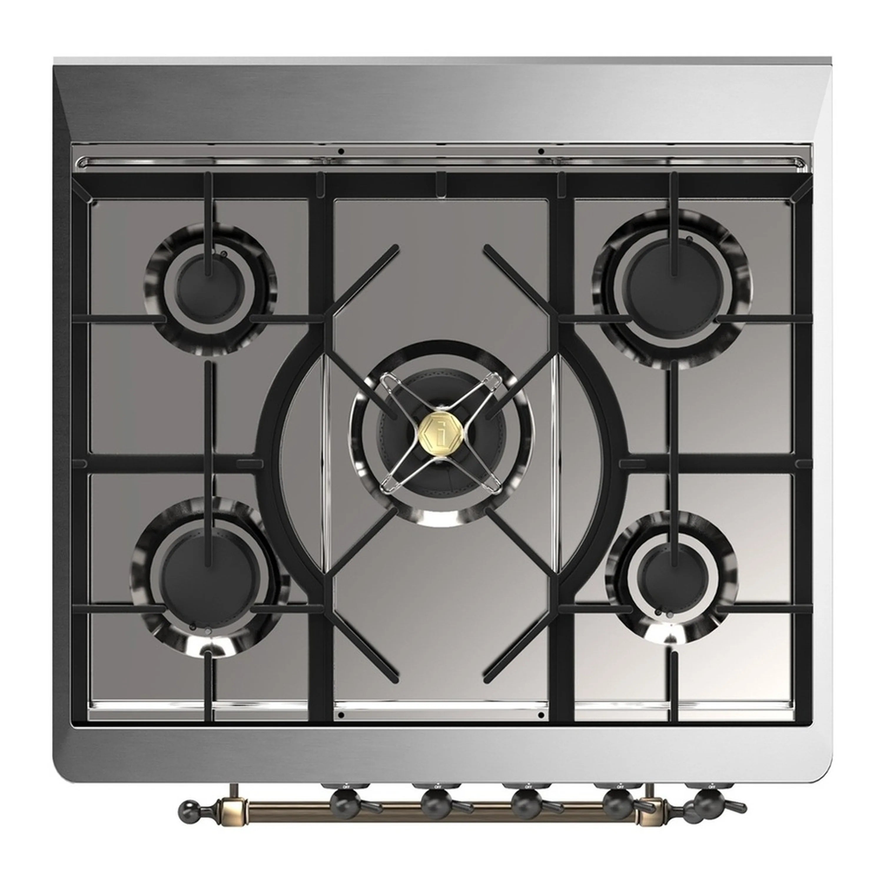 ILVE 5-burner gas cooktop with black grates and brass burner cap