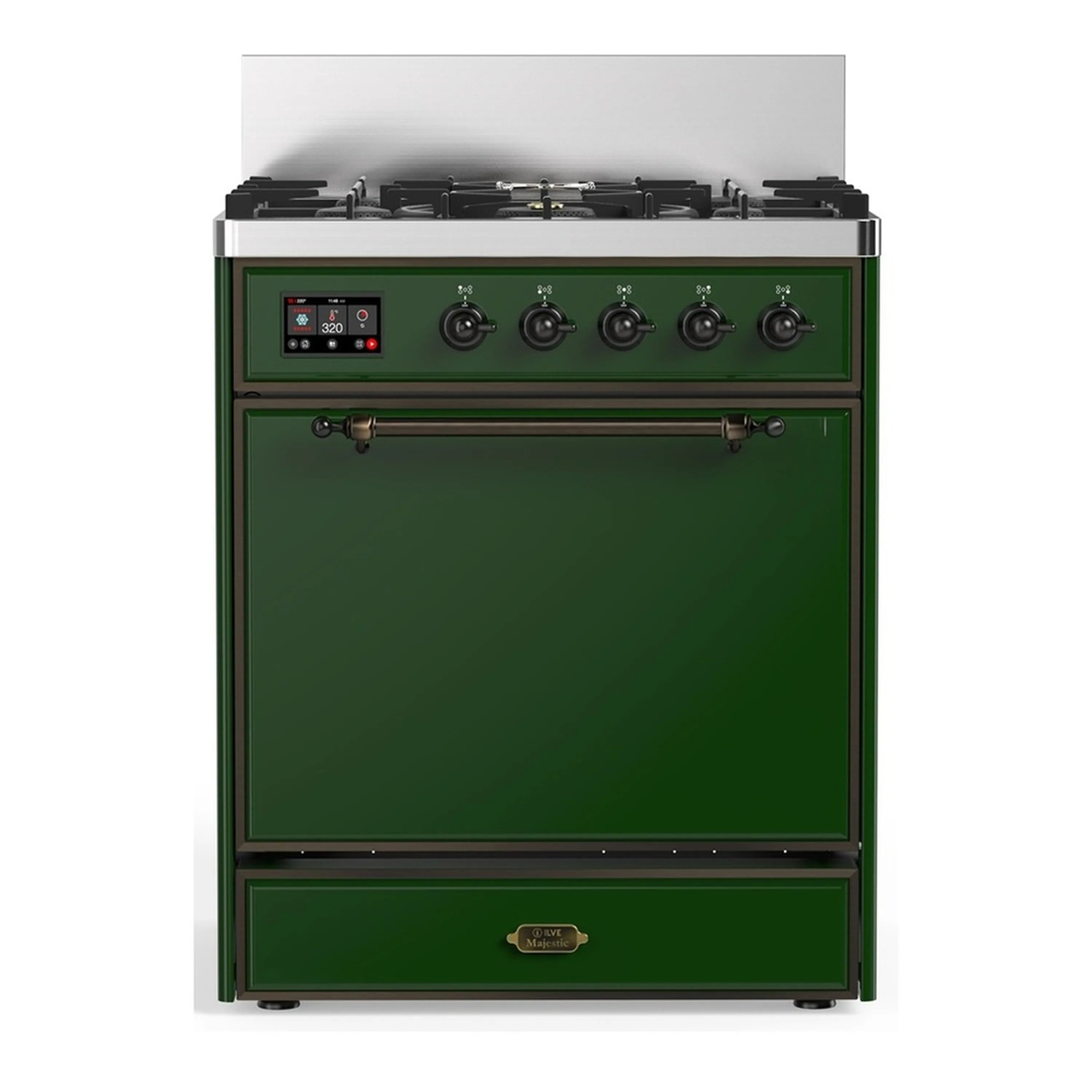Emerald green dual fuel range with five propane burners and control knobs