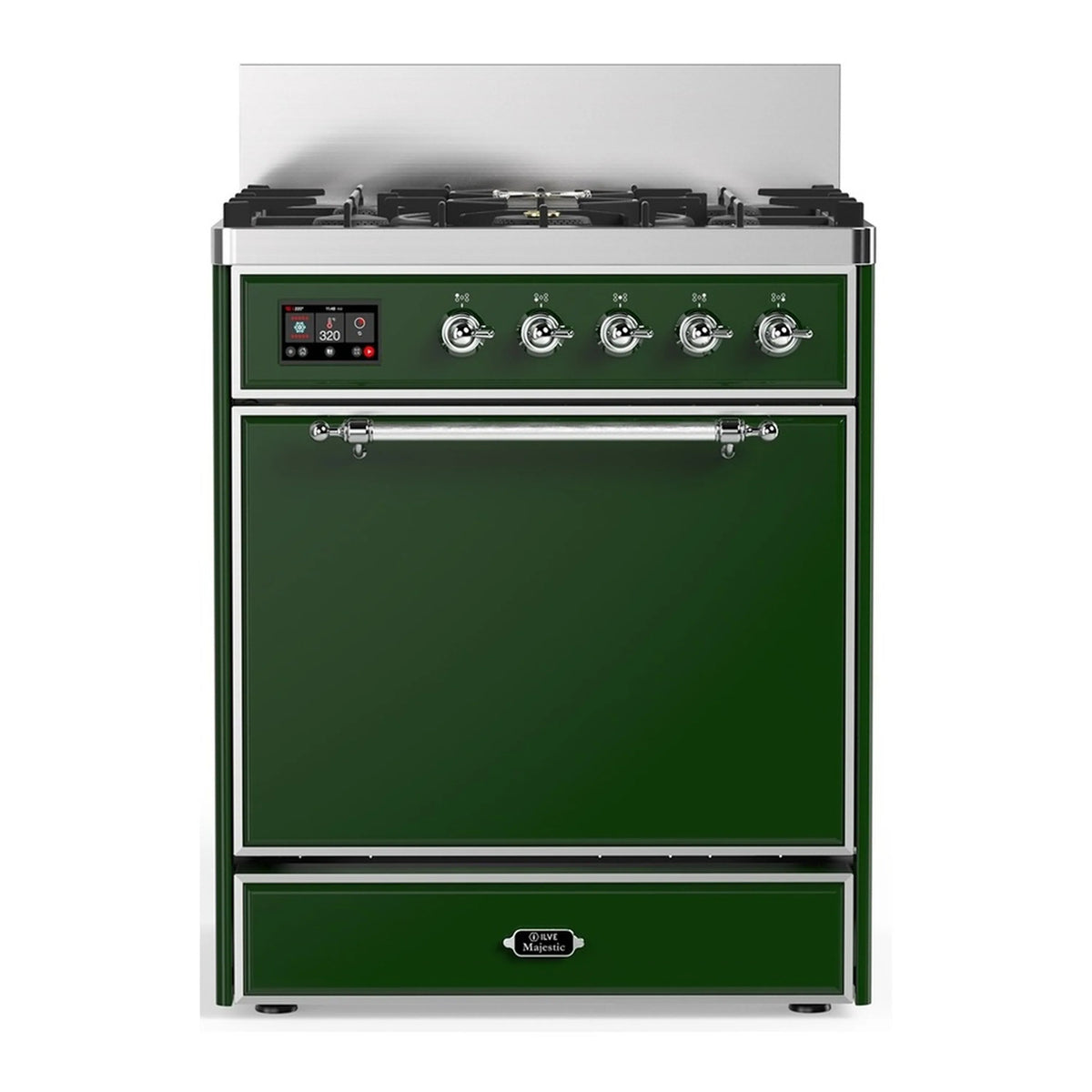 Emerald green dual fuel range with chrome trim, oven door, and control panel