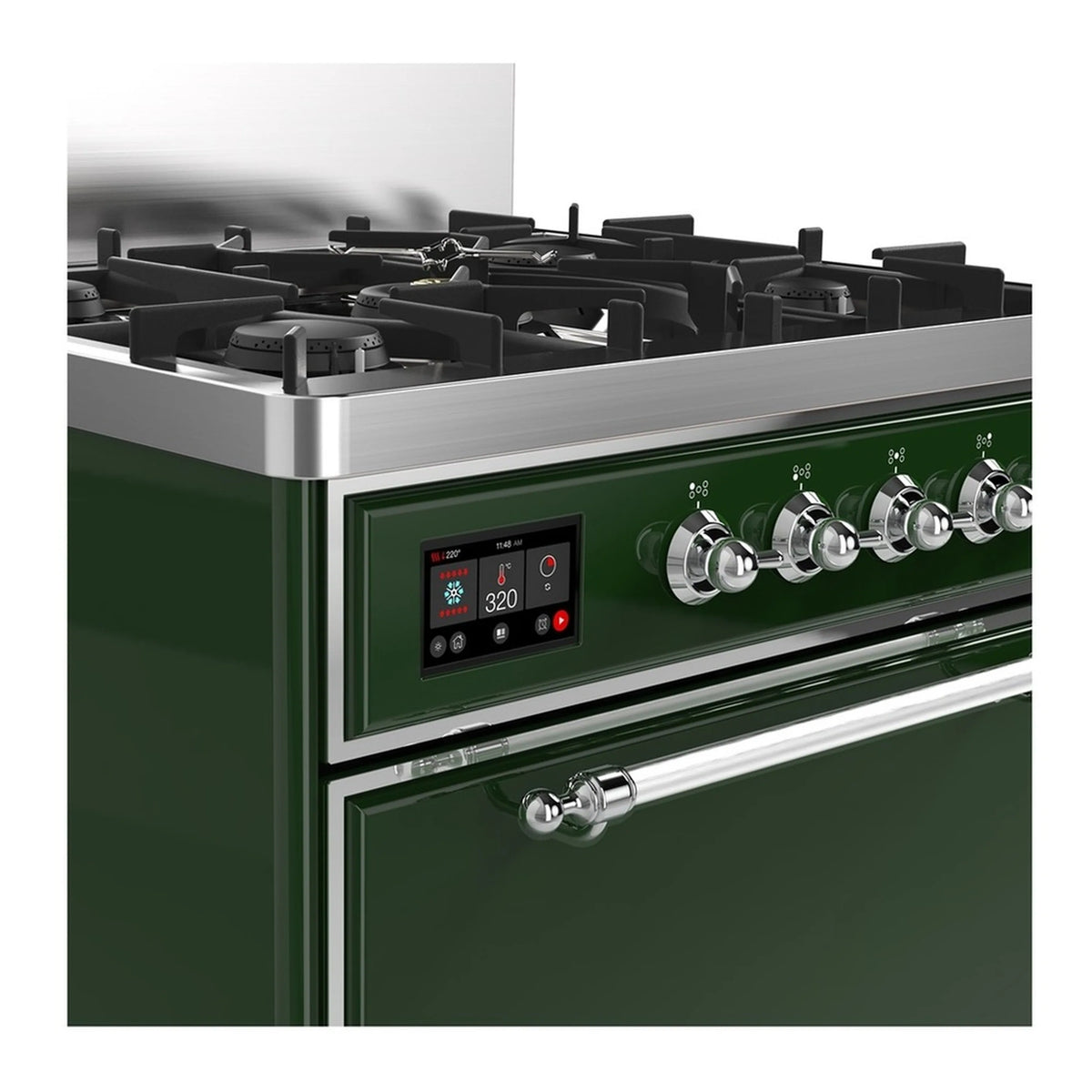 Emerald green range control panel with chrome knobs and stainless oven handle