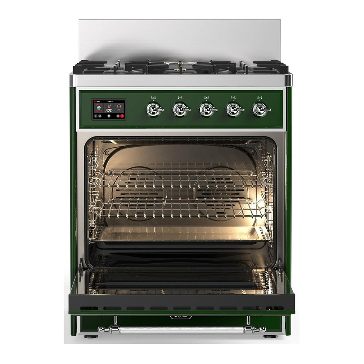 Emerald green dual fuel range with open electric oven door and chrome control panel