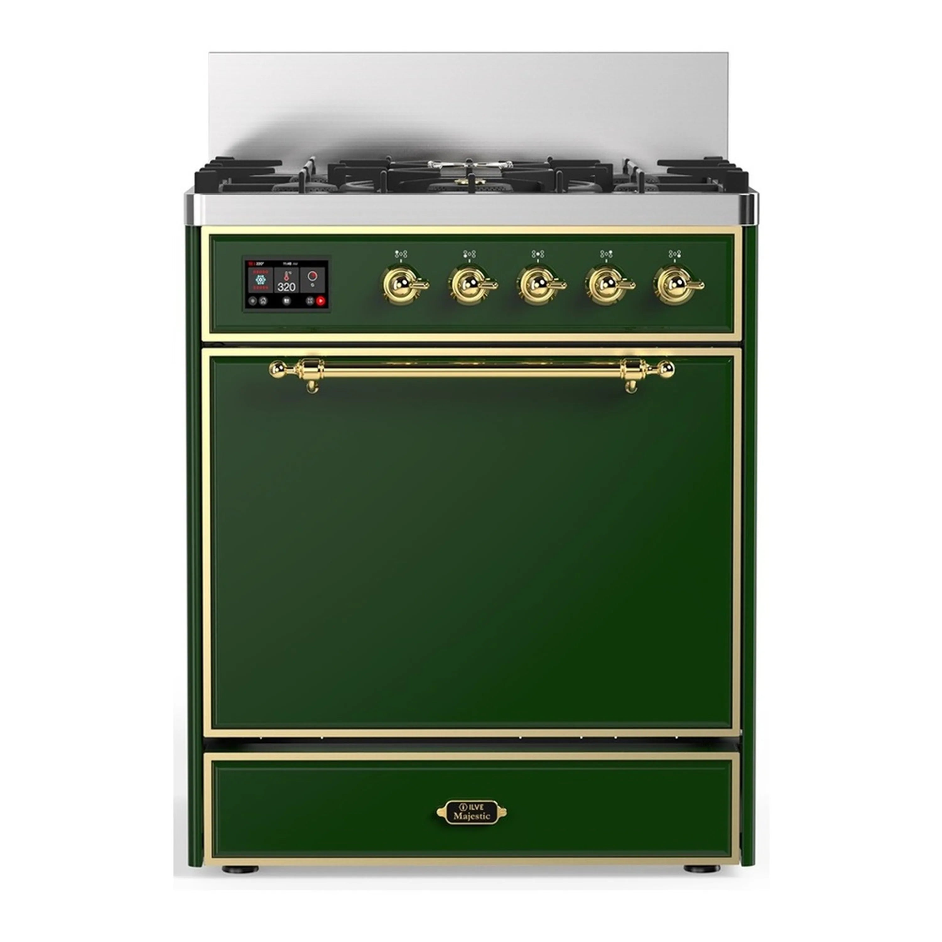 Emerald green dual fuel range with brass trim; closed solid door oven front