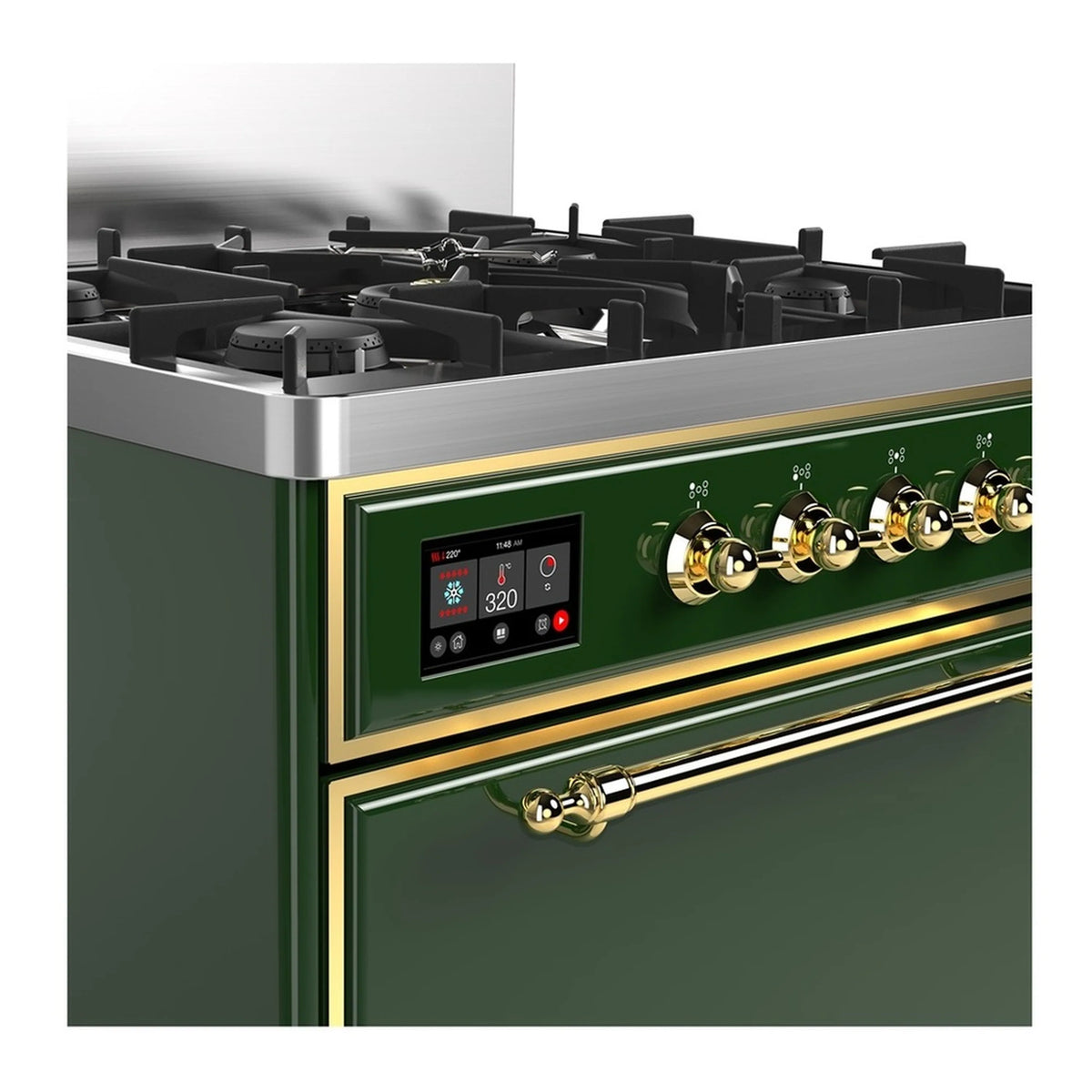 Emerald green dual fuel range control panel with brass knobs and trims
