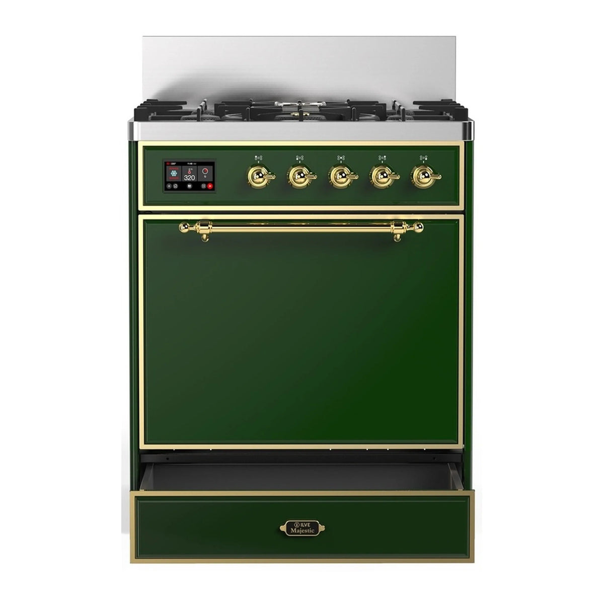 Emerald green dual fuel range with brass trim; oven door and control panel