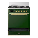 ILVE Majestic III 30-inch Dual Fuel Range with 5 Natural Gas Burner and Solid Door Electric Oven in Emerald Green with Brass Trim (UM30QNR3EGG)