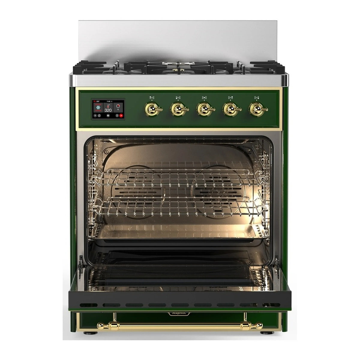 Emerald green dual fuel range with brass trim; open solid door electric oven view