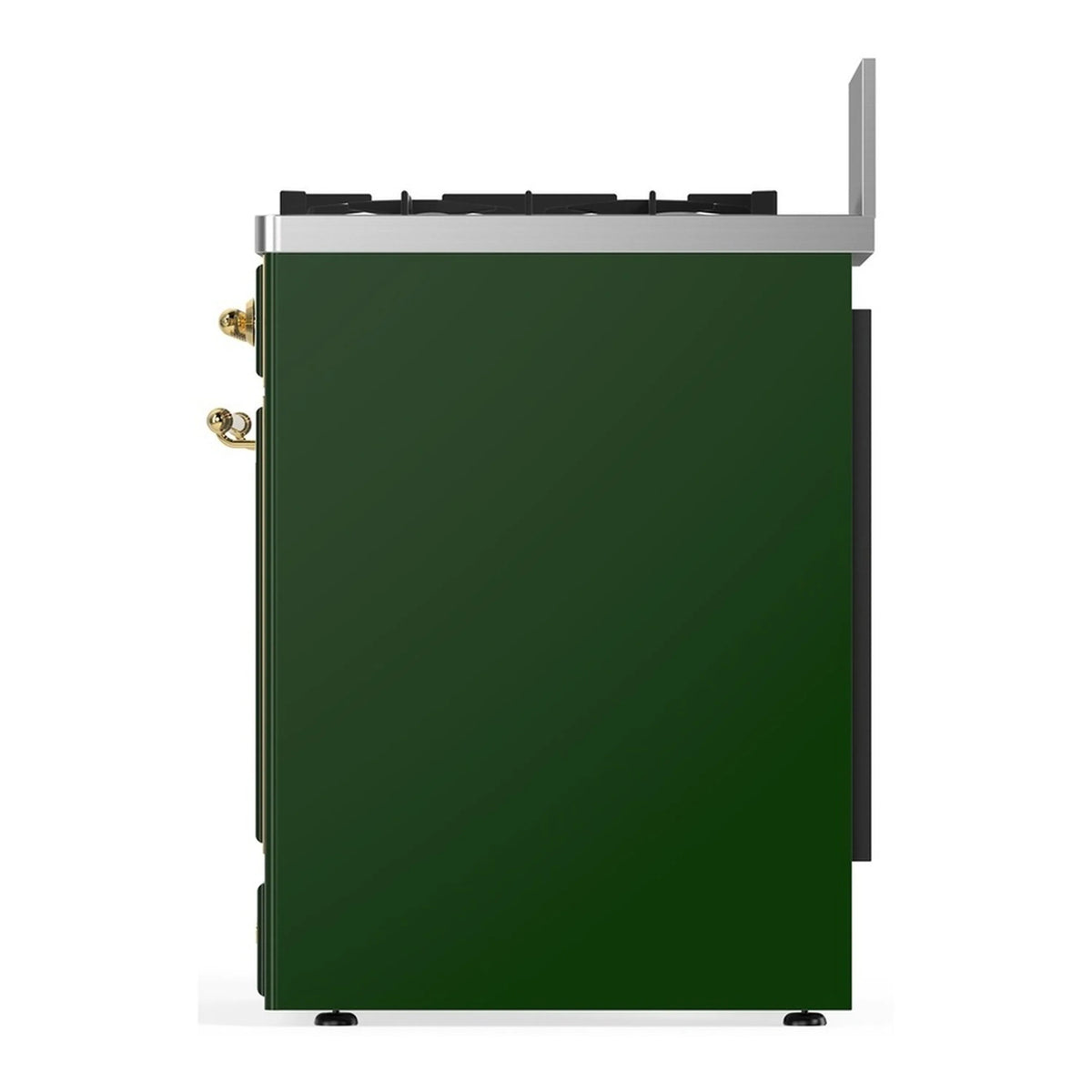 Emerald green dual fuel range exterior with brass side hardware and door