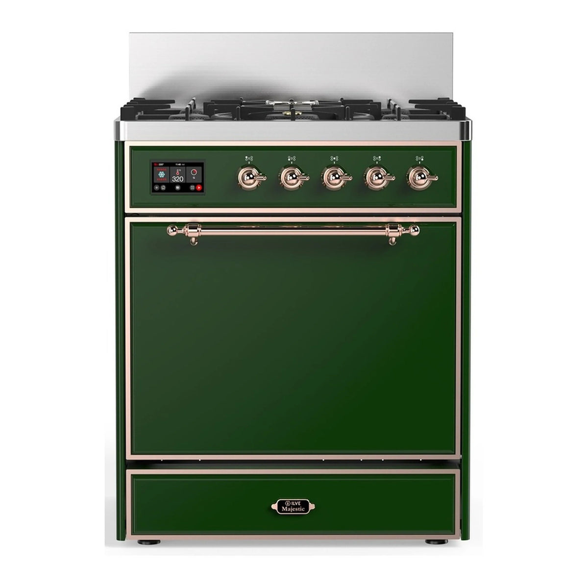 ILVE emerald green dual fuel range with copper trim, closed oven door and control panel