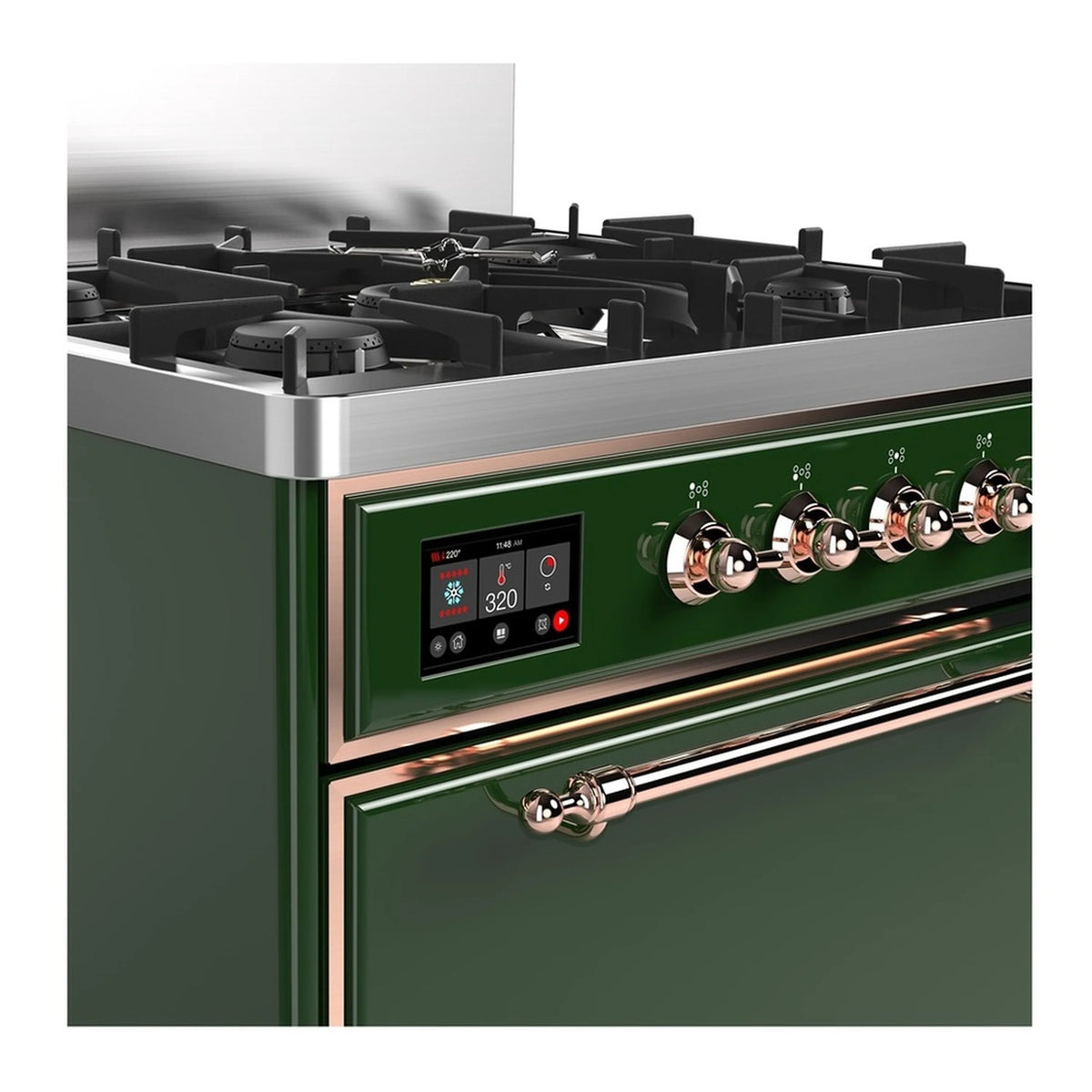 ILVE emerald green control panel with knobs, copper trim handle, and digital display