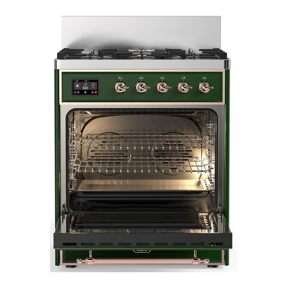 ILVE emerald green dual fuel range with copper trim, oven door open with wire racks