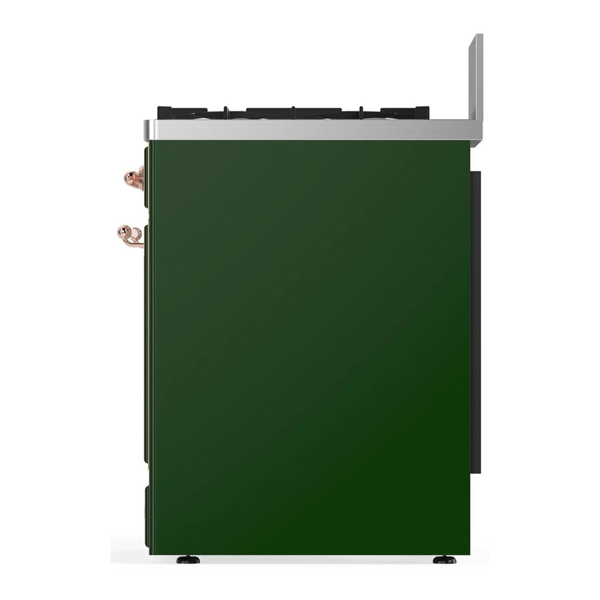 ILVE emerald green range body with copper-trim hardware and front feet, side view