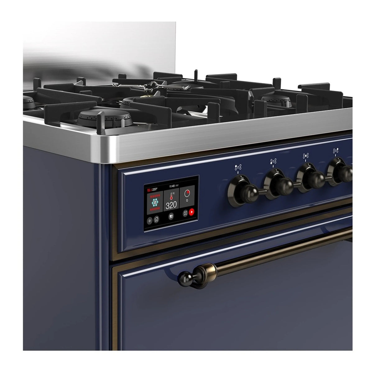Midnight blue dual fuel range close-up of control panel and burner knobs
