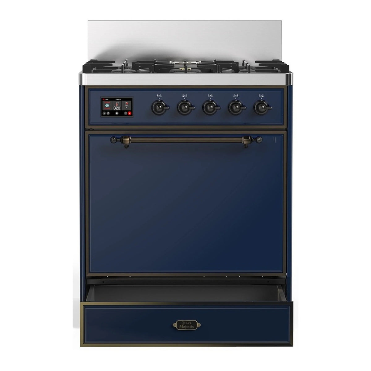 ILVE dual-fuel range front view, midnight blue oven door and control knobs