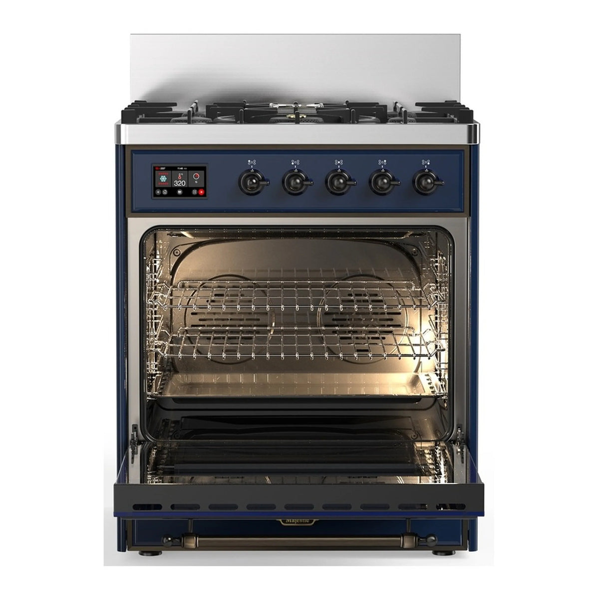Midnight blue dual fuel range with oven door open, wire racks, and interior light
