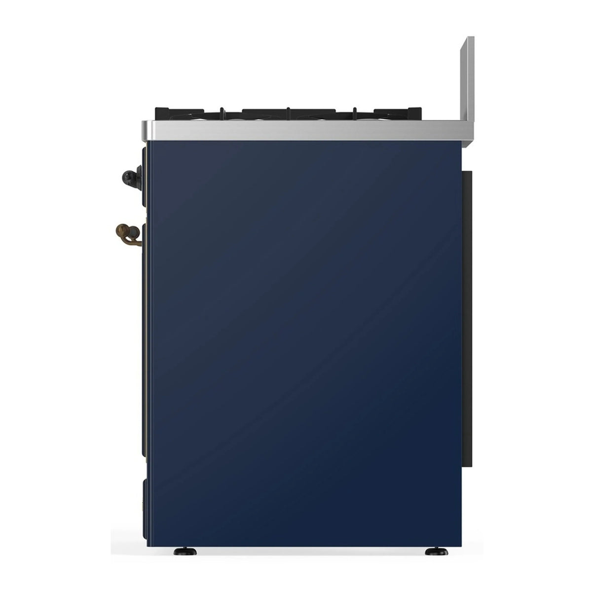 Midnight blue dual fuel range side view with solid oven door and trim
