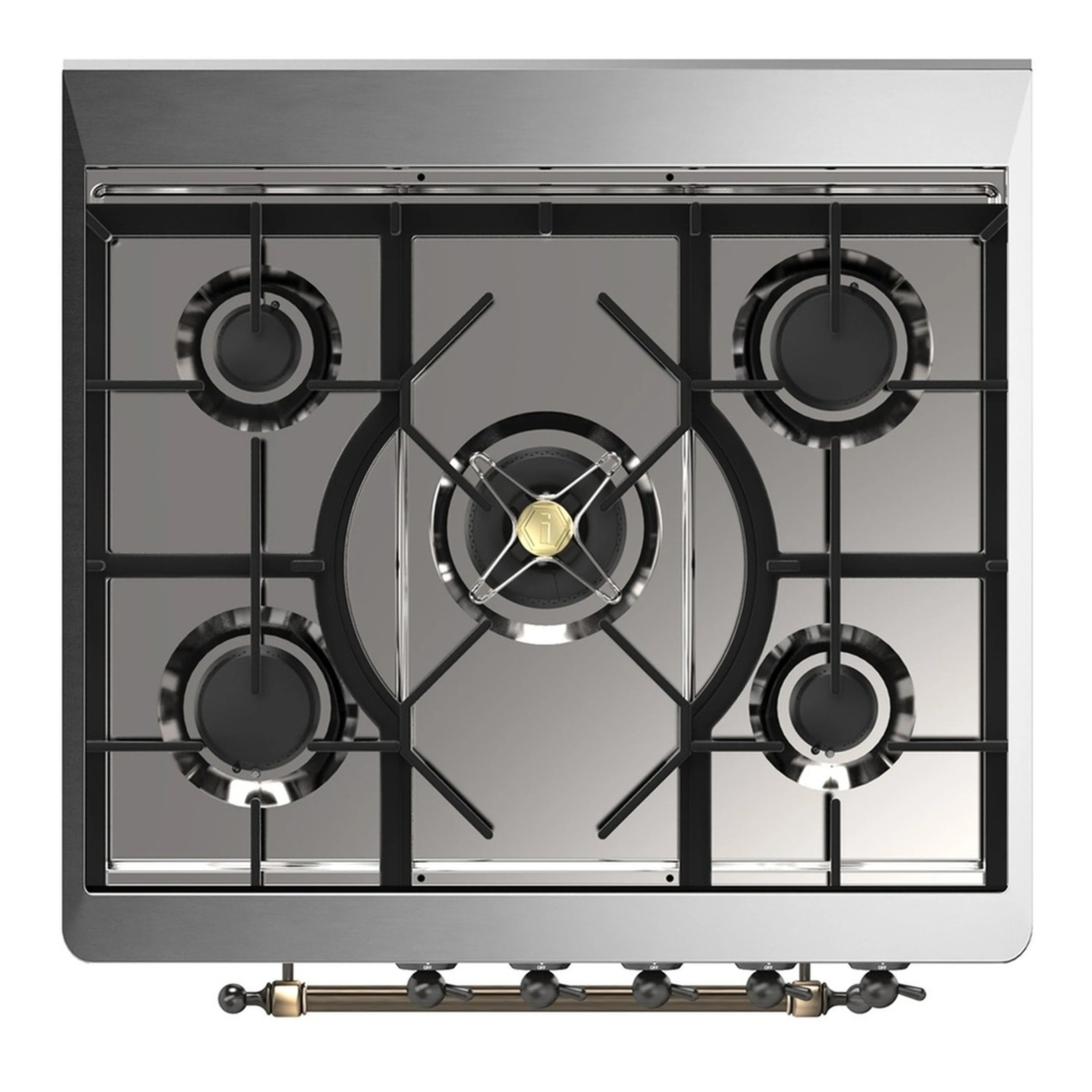 ILVE dual-fuel cooktop with five burners, black grates, and chrome burner heads