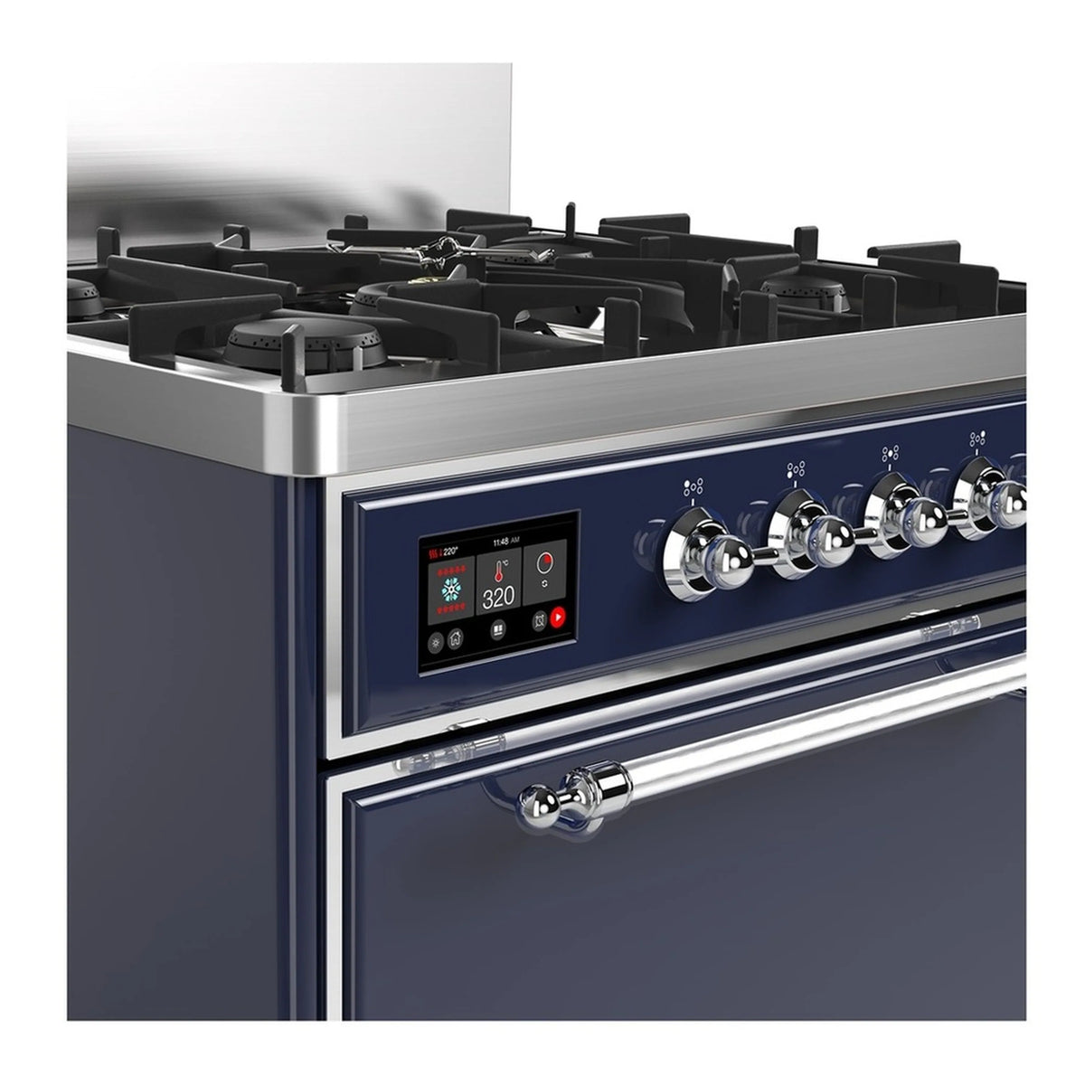 Midnight blue range control panel with chrome knobs and oven handle below