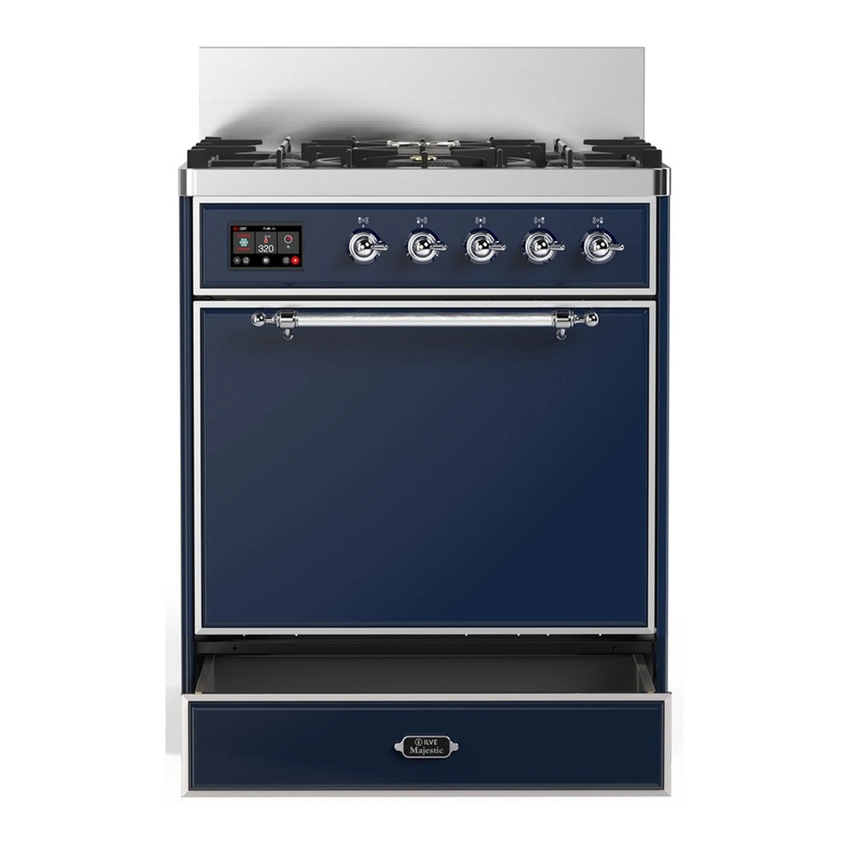 Midnight blue dual fuel range with 5 gas burners and solid glass oven door