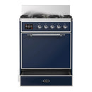 ILVE Majestic III 30-inch Dual Fuel Range with 5 Natural Gas Burner and Solid Door Electric Oven in Midnight Blue with Chrome Trim (UM30QNR3MBC)
