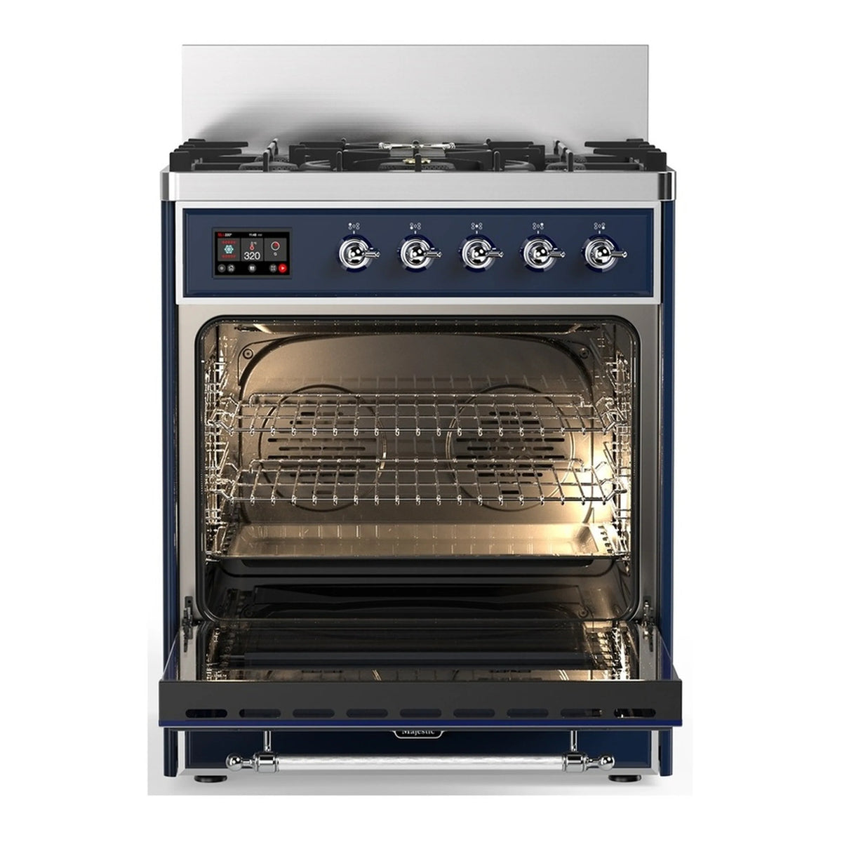 Midnight blue oven with door open, visible racks and interior heating cavity