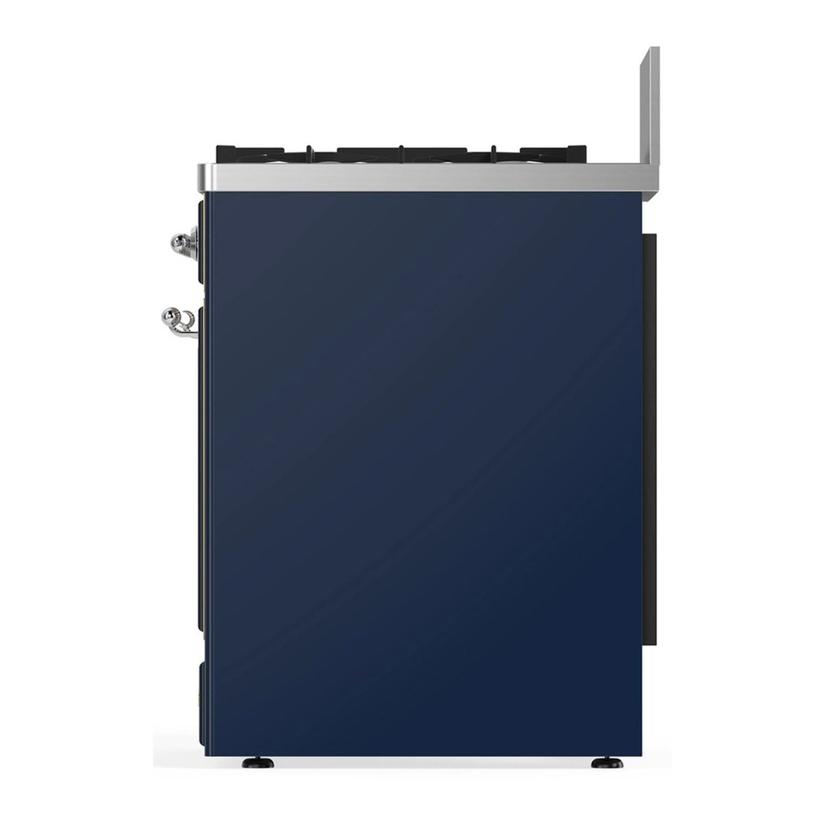 Midnight blue range side panel with chrome handle and top burner grates