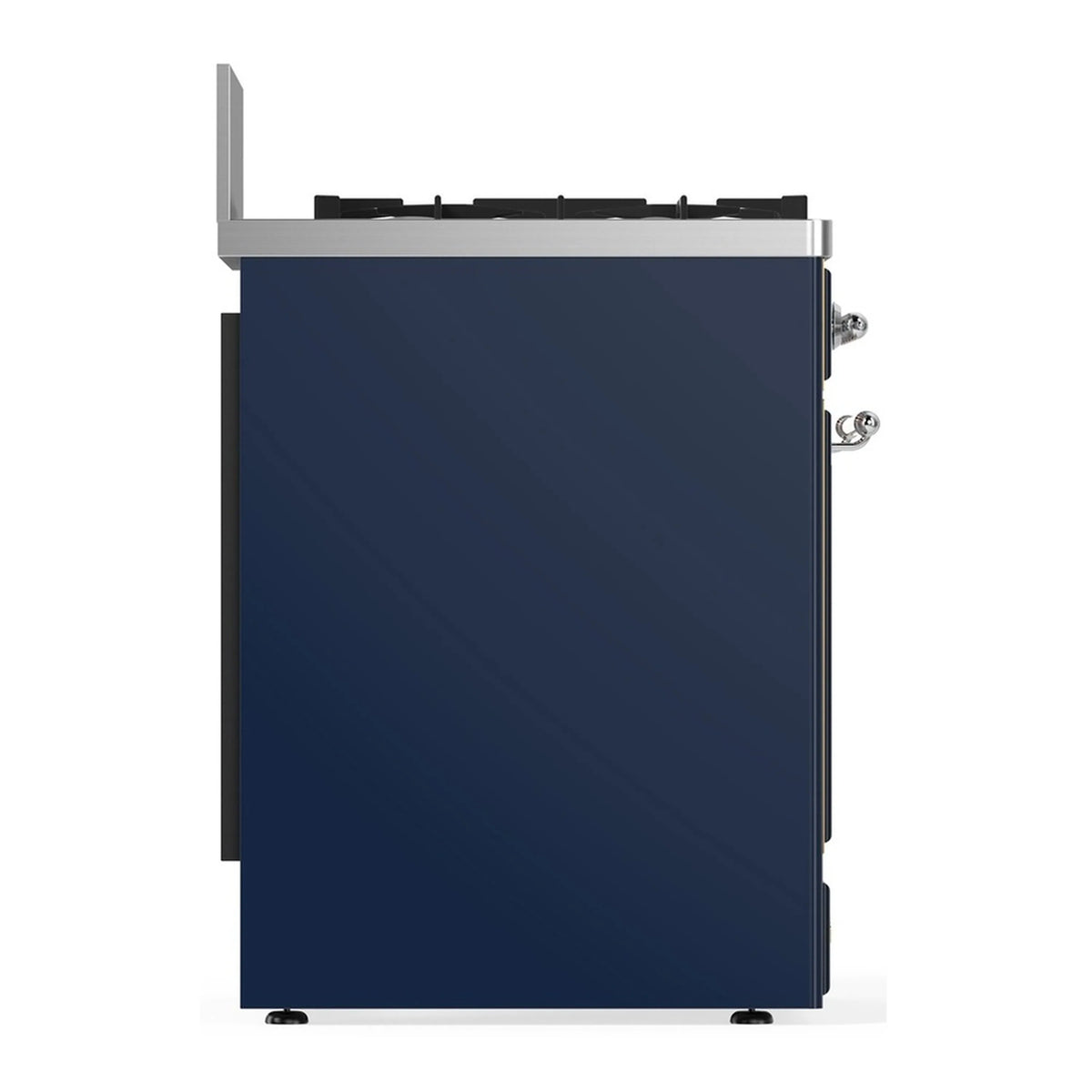 Midnight blue dual fuel range back view with chrome side handles and top grates