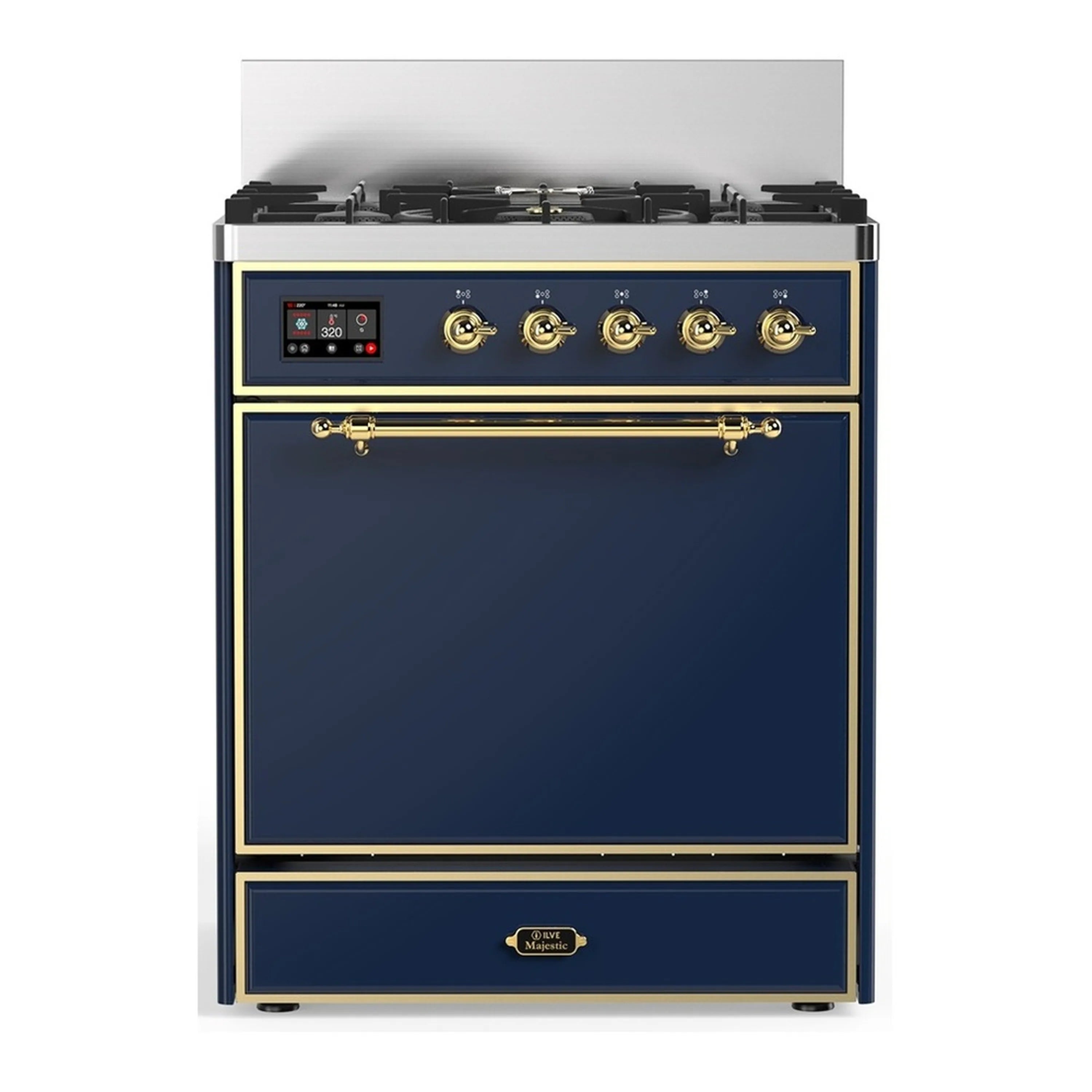 Blue-grey ILVE dual fuel range with brass-trim control panel and five gas burners