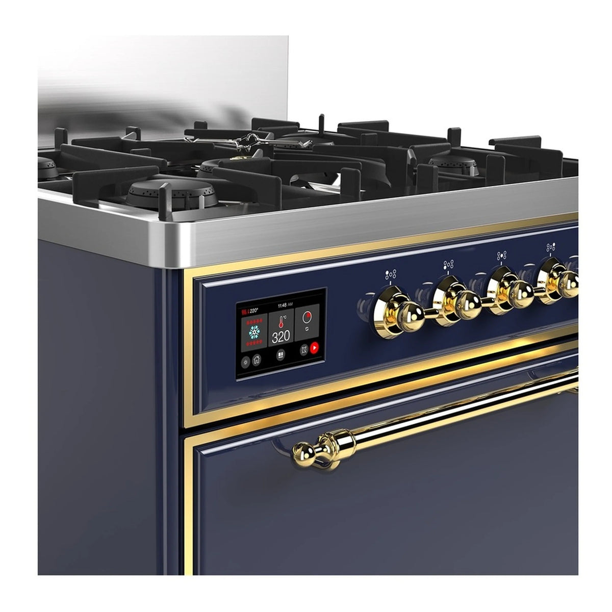 Blue-grey range front with brass knobs and digital burner controls