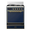 ILVE Majestic III 30-inch Dual Fuel Range with 5 Natural Gas Burner and Solid Door Electric Oven in Blue Grey with Brass Trim (UM30QNR3MBG)