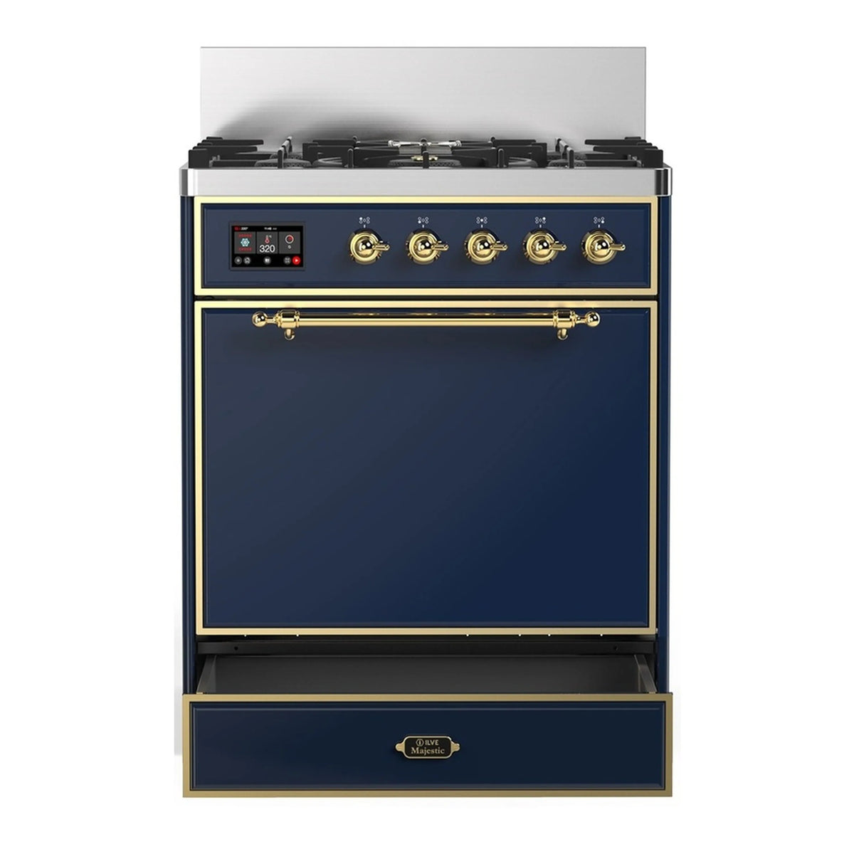Blue-grey ILVE range with brass trim oven door and five-burner cooktop