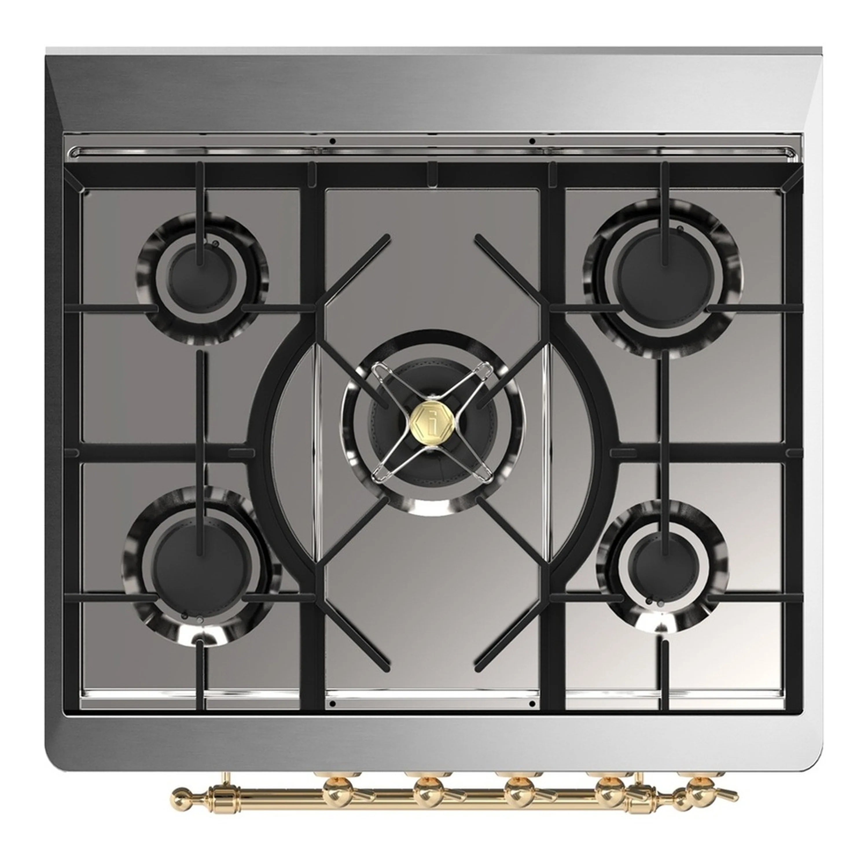 Stainless gas cooktop with grates, five burner heads, and brass front control accents