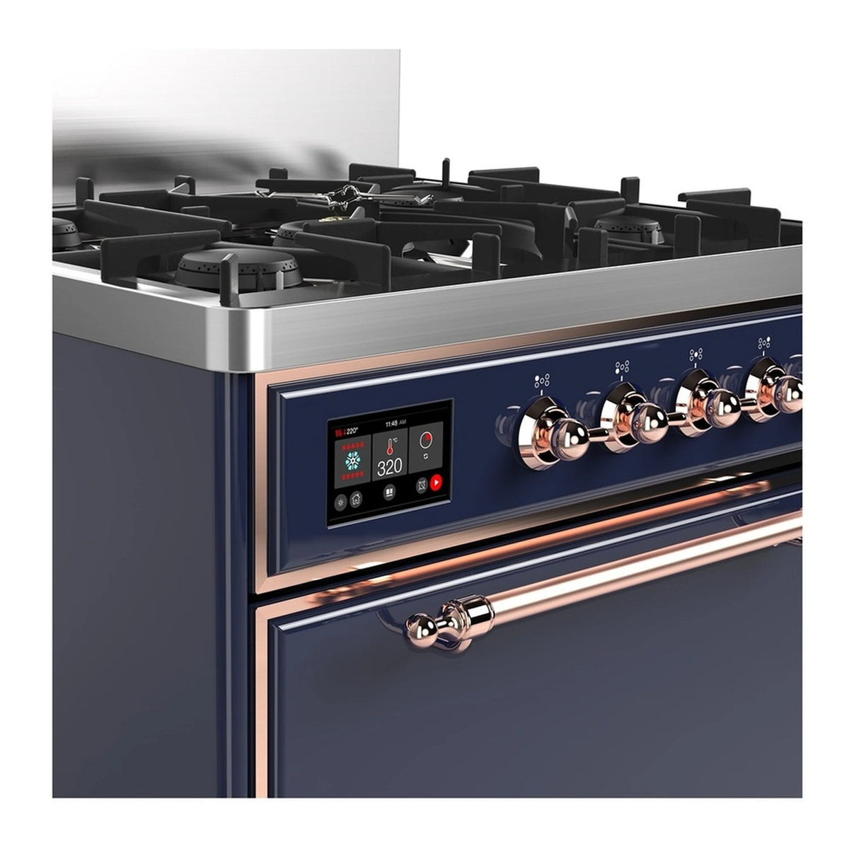 Midnight blue range control panel with copper knobs and digital display