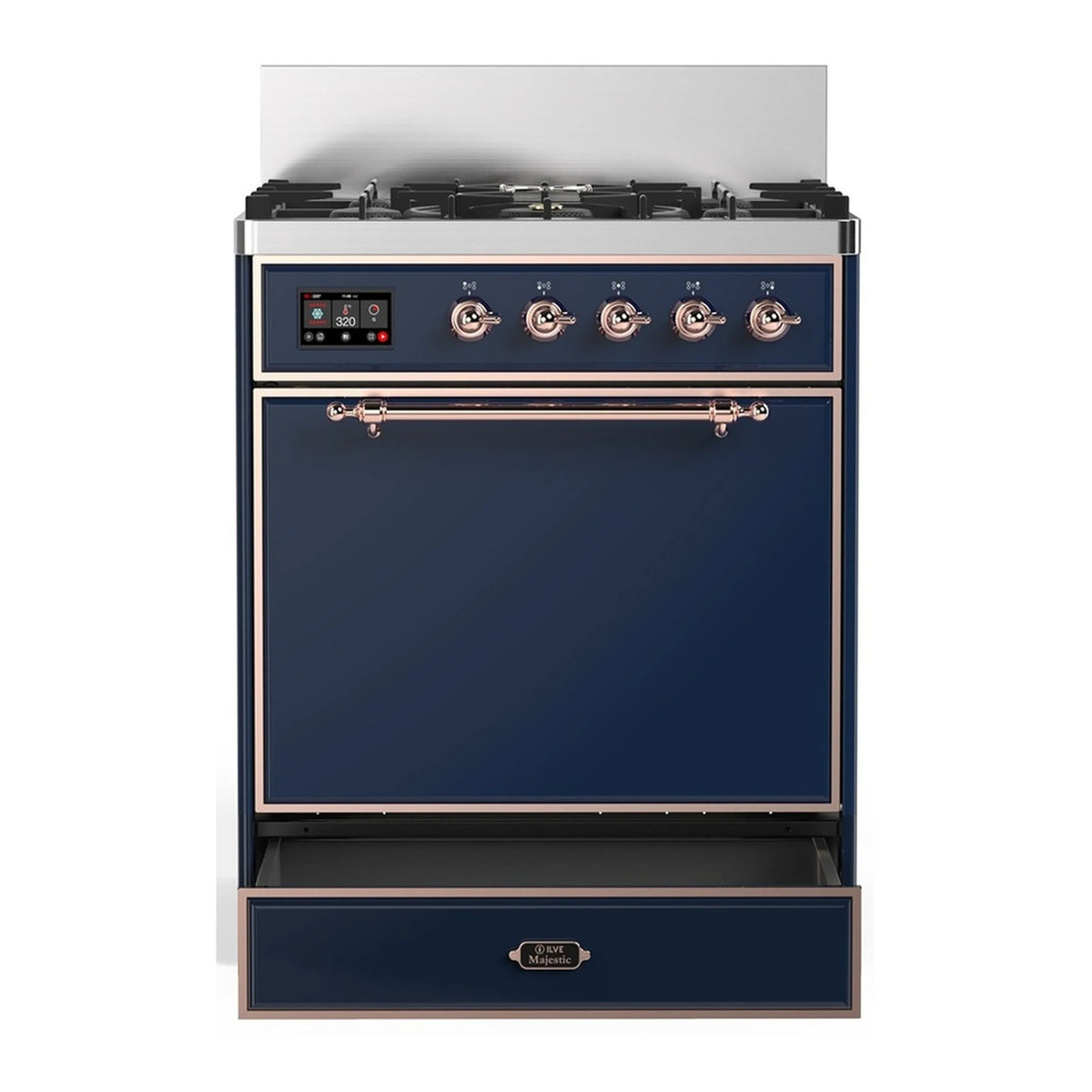 Midnight blue dual fuel range with copper-trim knobs and solid oven door