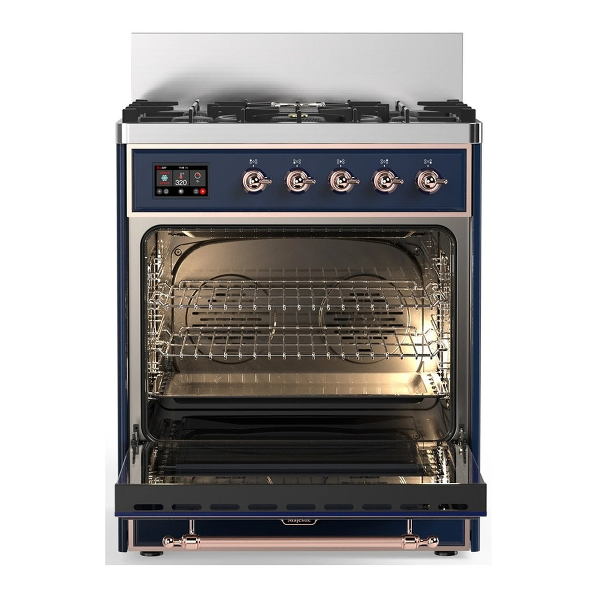 Midnight blue oven with door open, showing interior racks and heating elements
