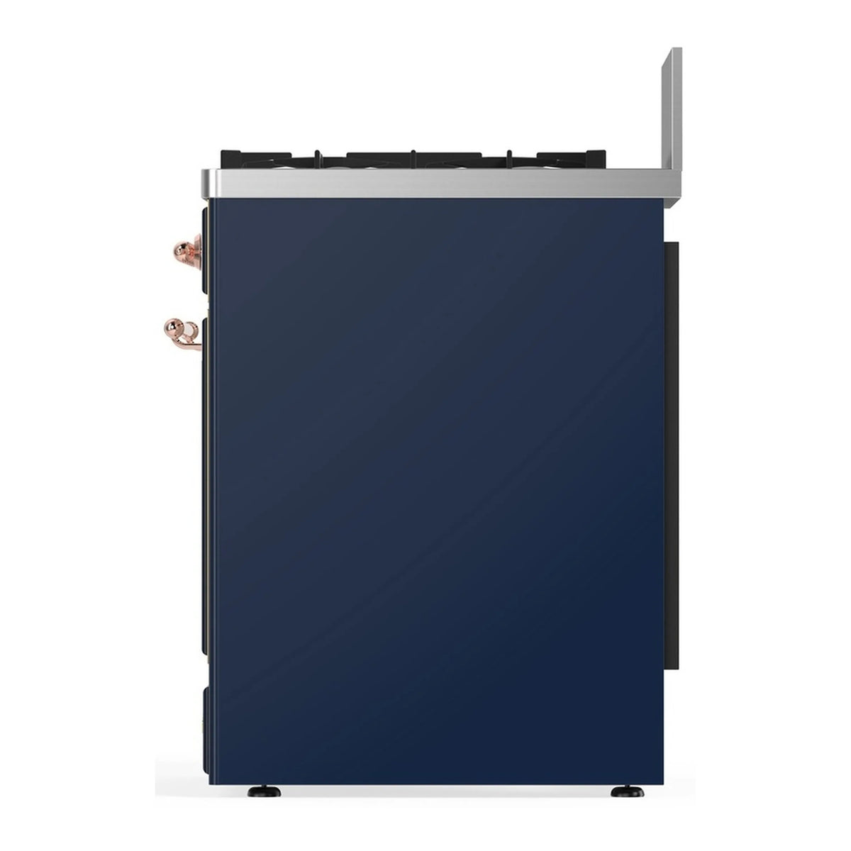 Midnight blue range side panel with copper handle and control-side trim