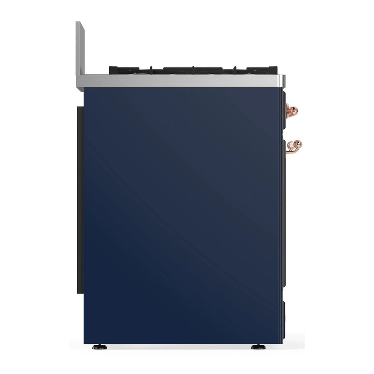 Midnight blue dual-fuel range rear side with copper trim and fixed back panel