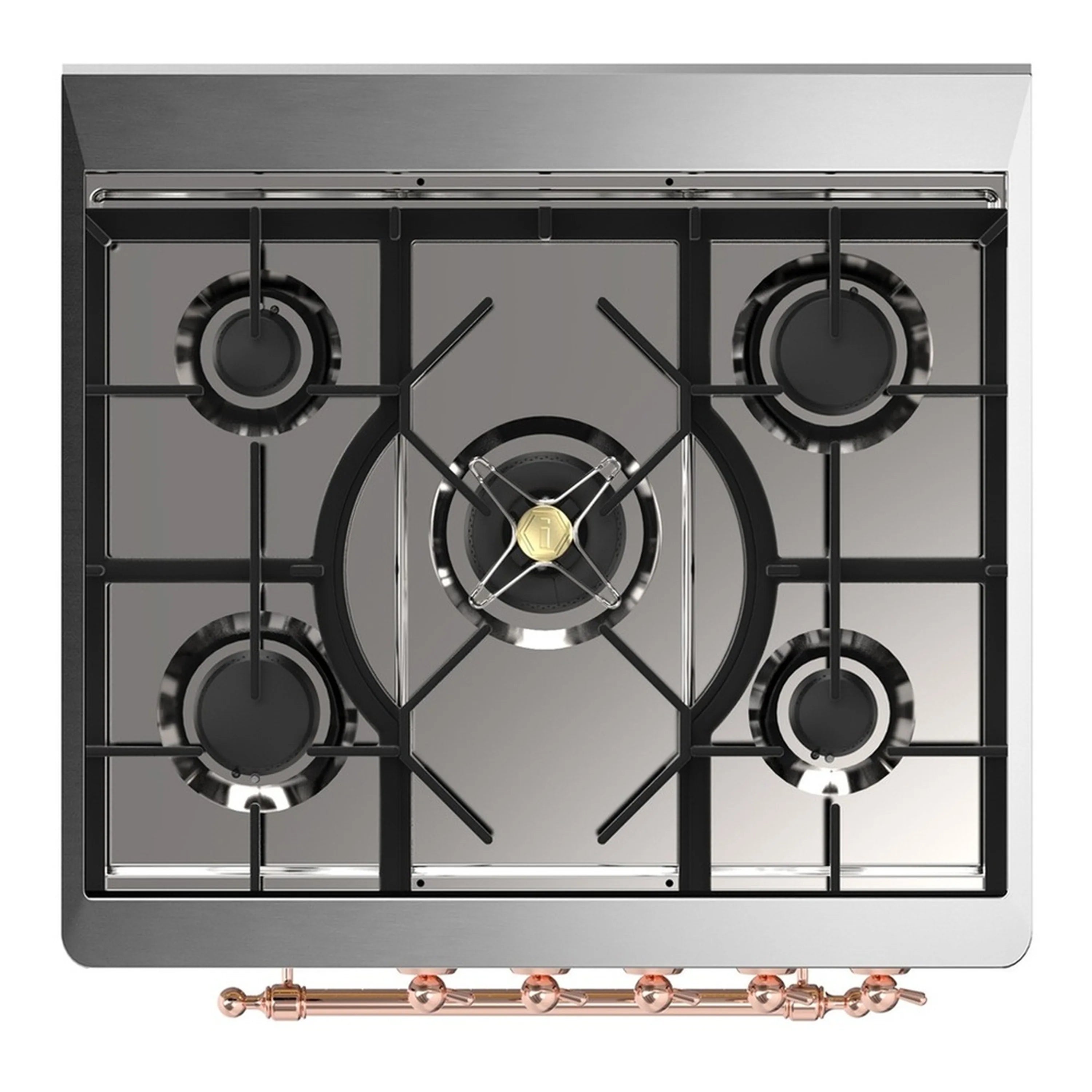 Five-burner cooktop with black grates, copper gas fittings on midnight blue range