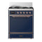 ILVE Majestic III 30-inch Dual Fuel Range with 5 Natural Gas Burner and Solid Door Electric Oven in Midnight Blue with Copper Trim (UM30QNR3MBP)