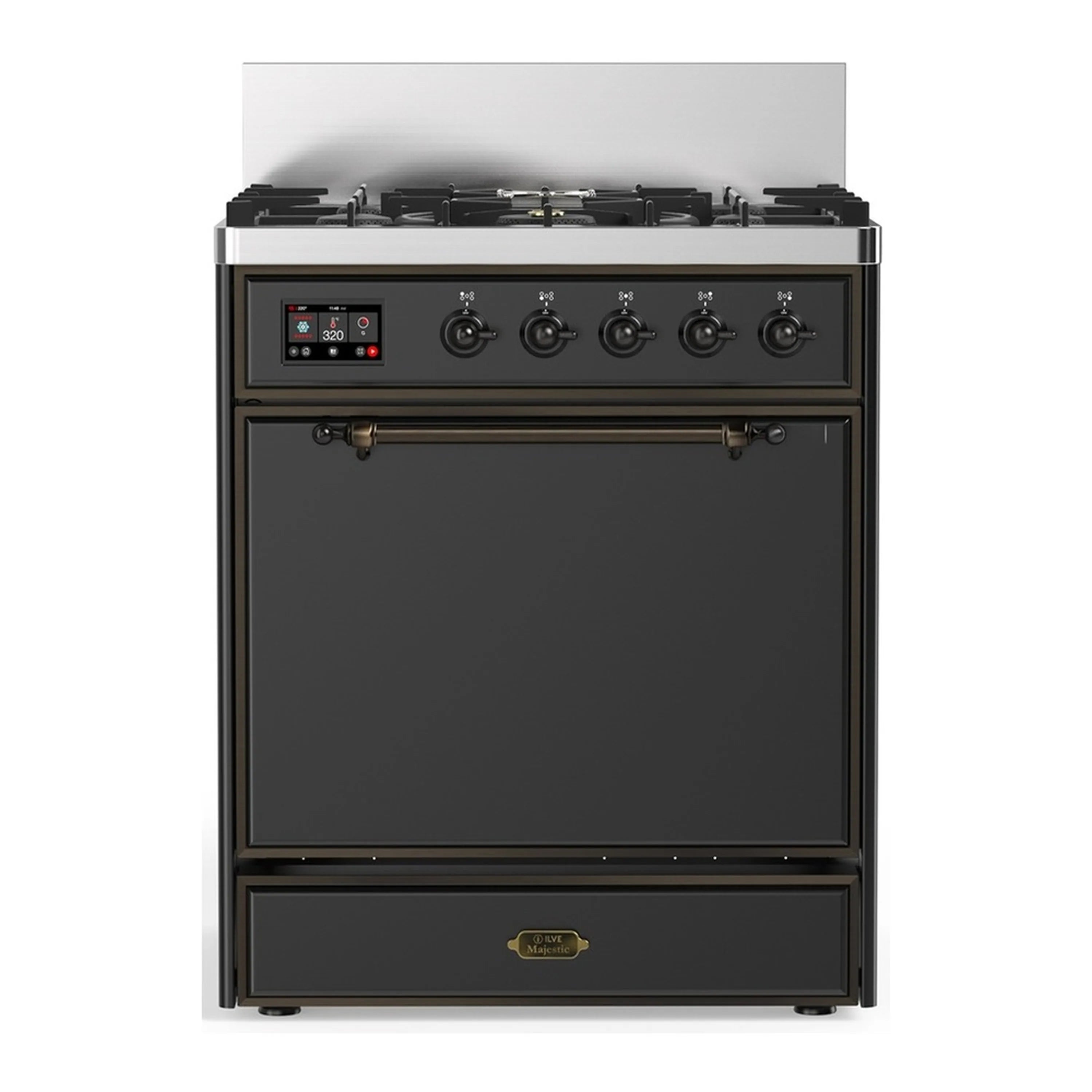 Graphite matte dual fuel range with 5-burner gas cooktop and control panel