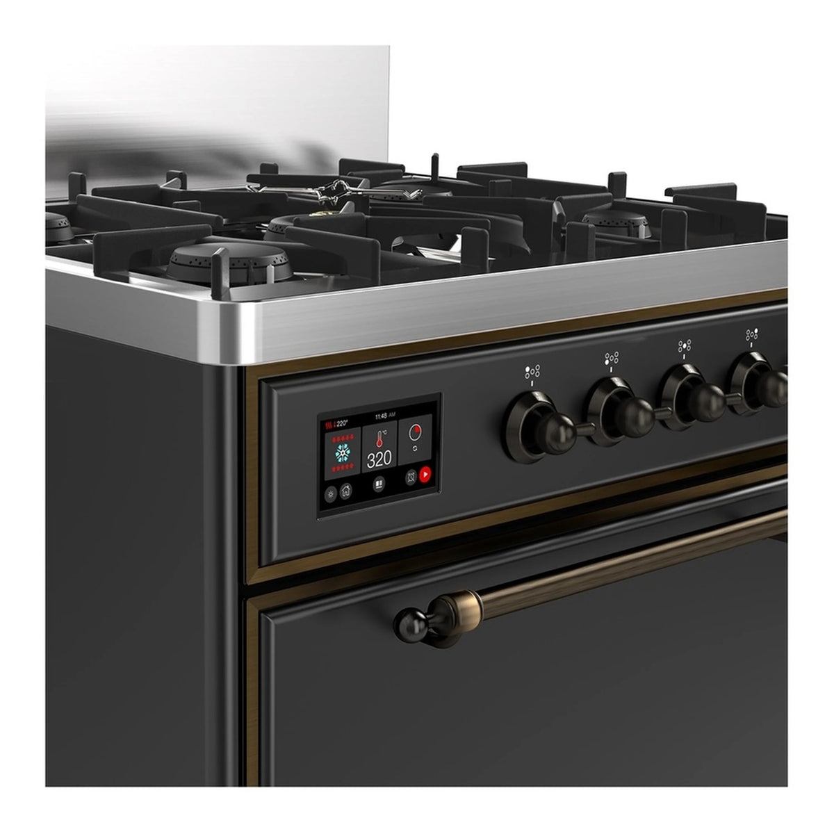 Graphite matte dual fuel range cooktop controls with brass-trim oven door