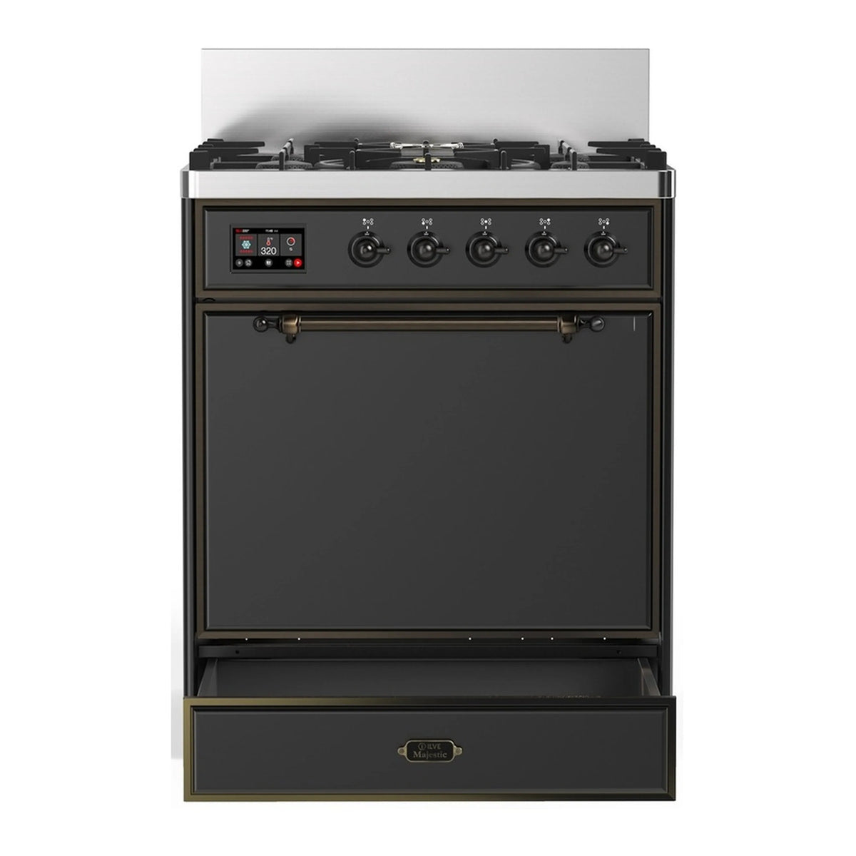 Graphite matte dual fuel range with oven door and stovetop burner knobs