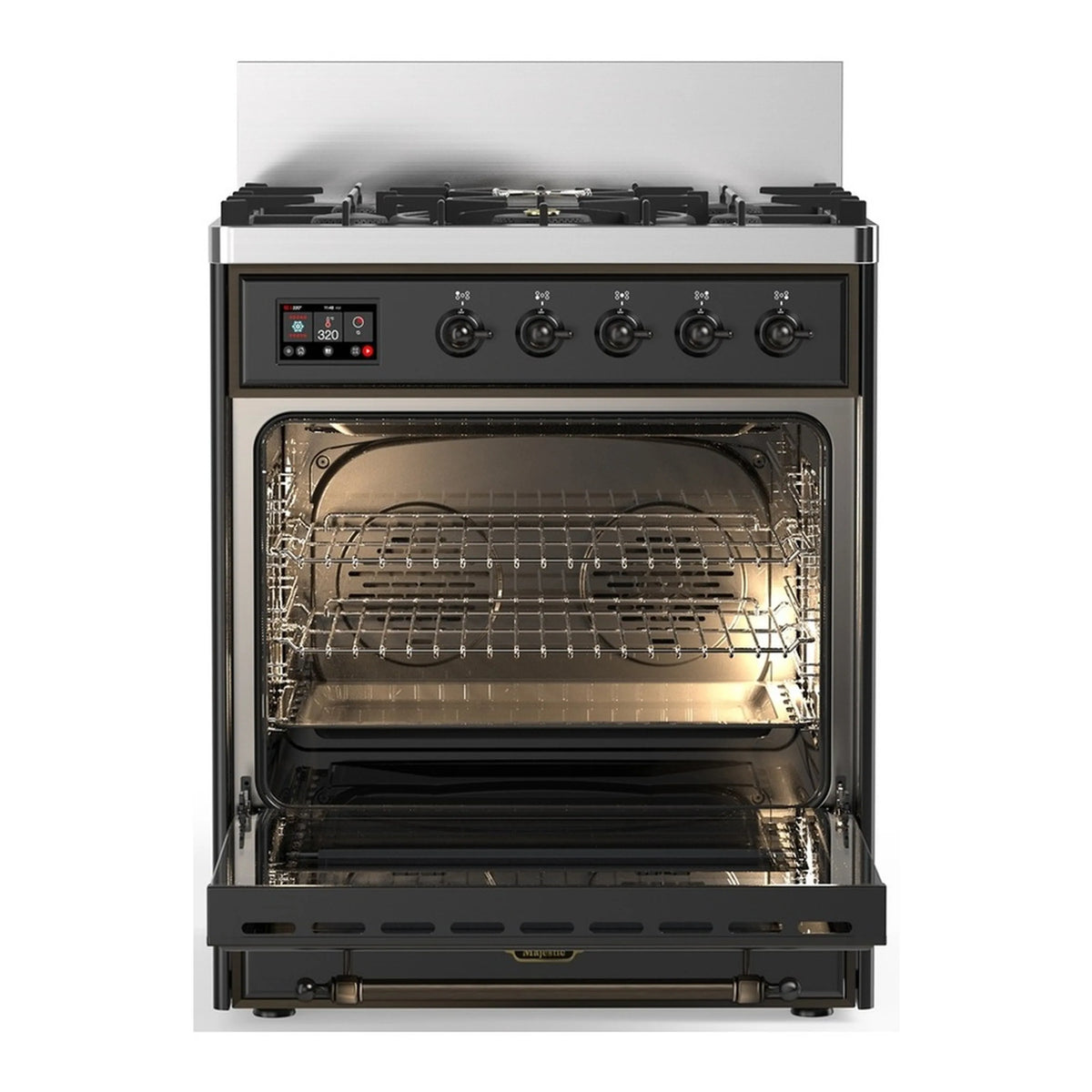 Graphite matte dual fuel range open electric oven with racks and broiler