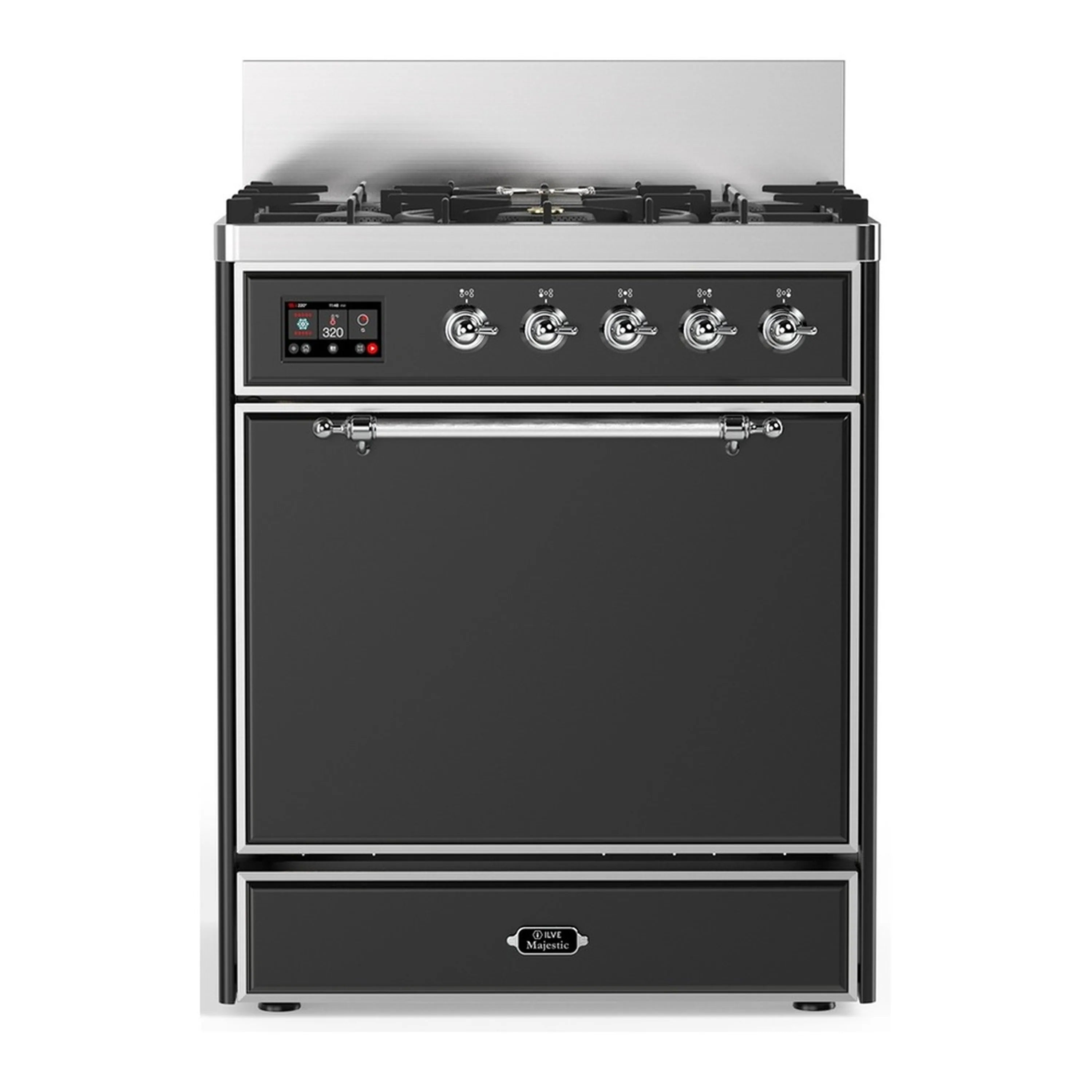 Graphite matte dual fuel range with chrome trim, 5 burners, and solid oven door