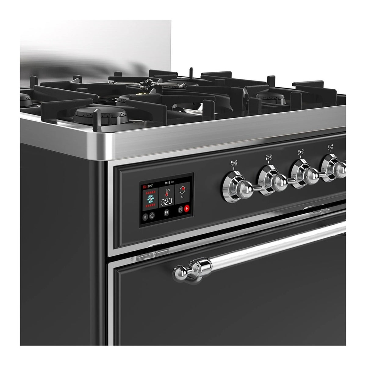 Graphite dual fuel range control panel with chrome knobs and 5-burner cooktop