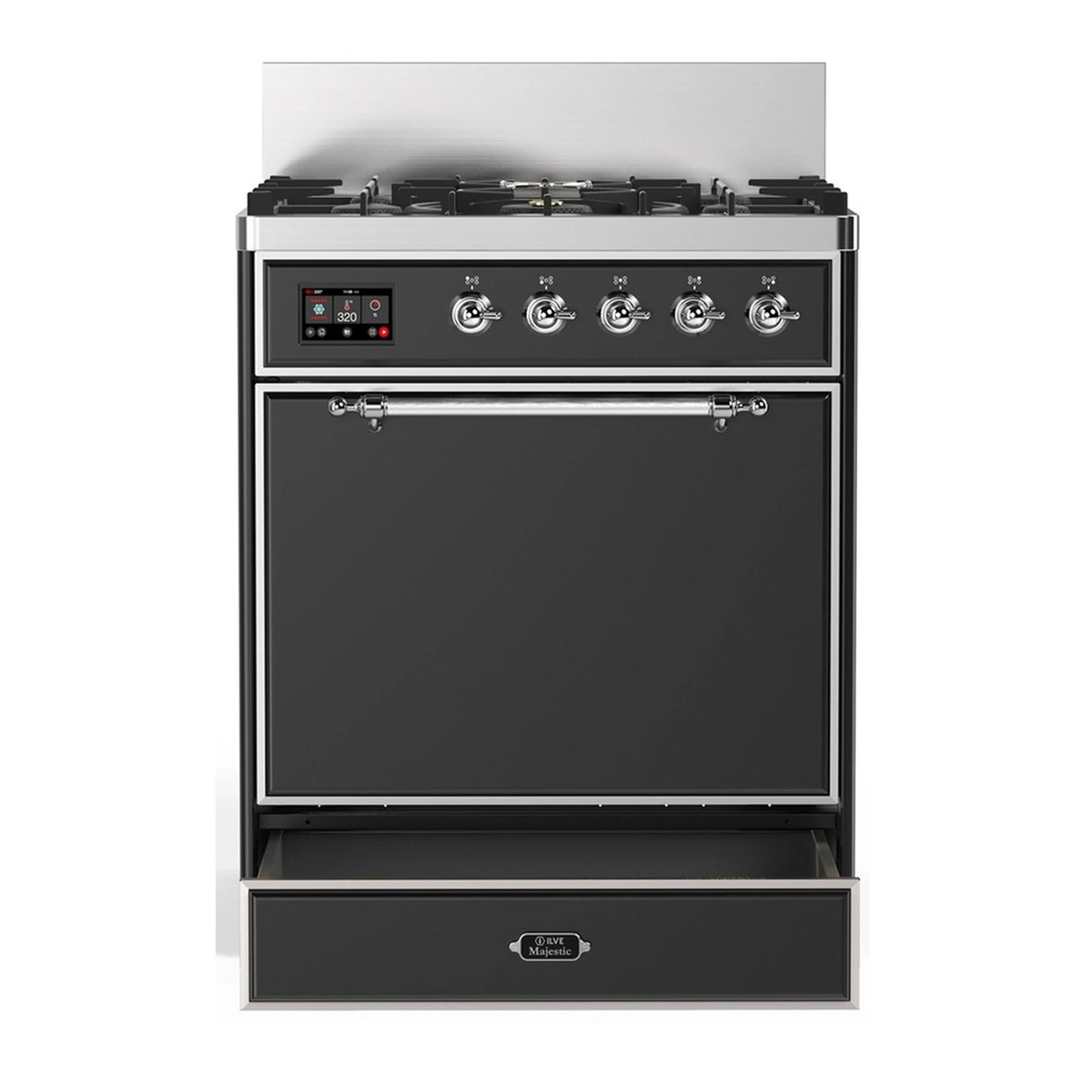 Graphite matte dual fuel range with chrome trim, control panel, and closed oven door