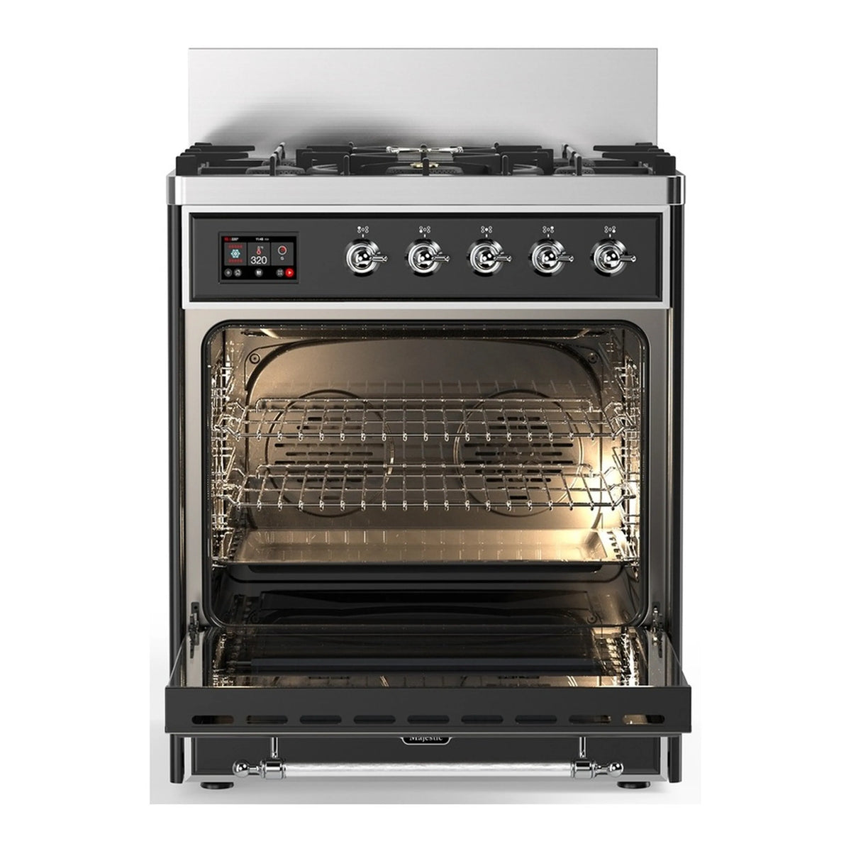 Graphite matte oven door open, visible wire rack inside with warm lighting