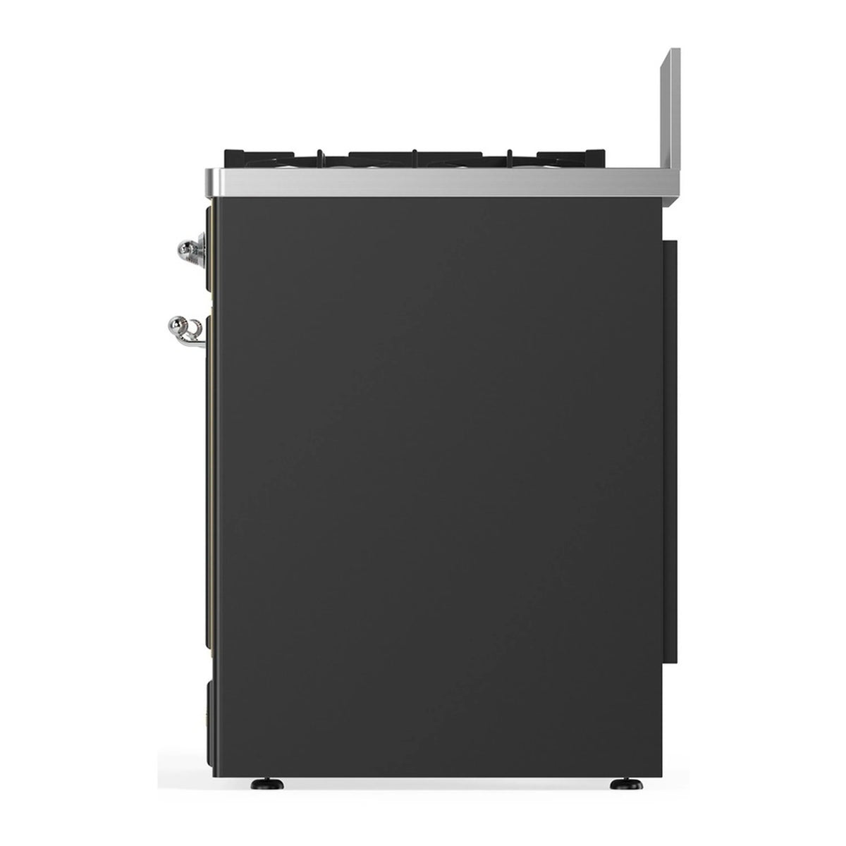 Graphite matte dual fuel range back panel with chrome trim and outlet fittings