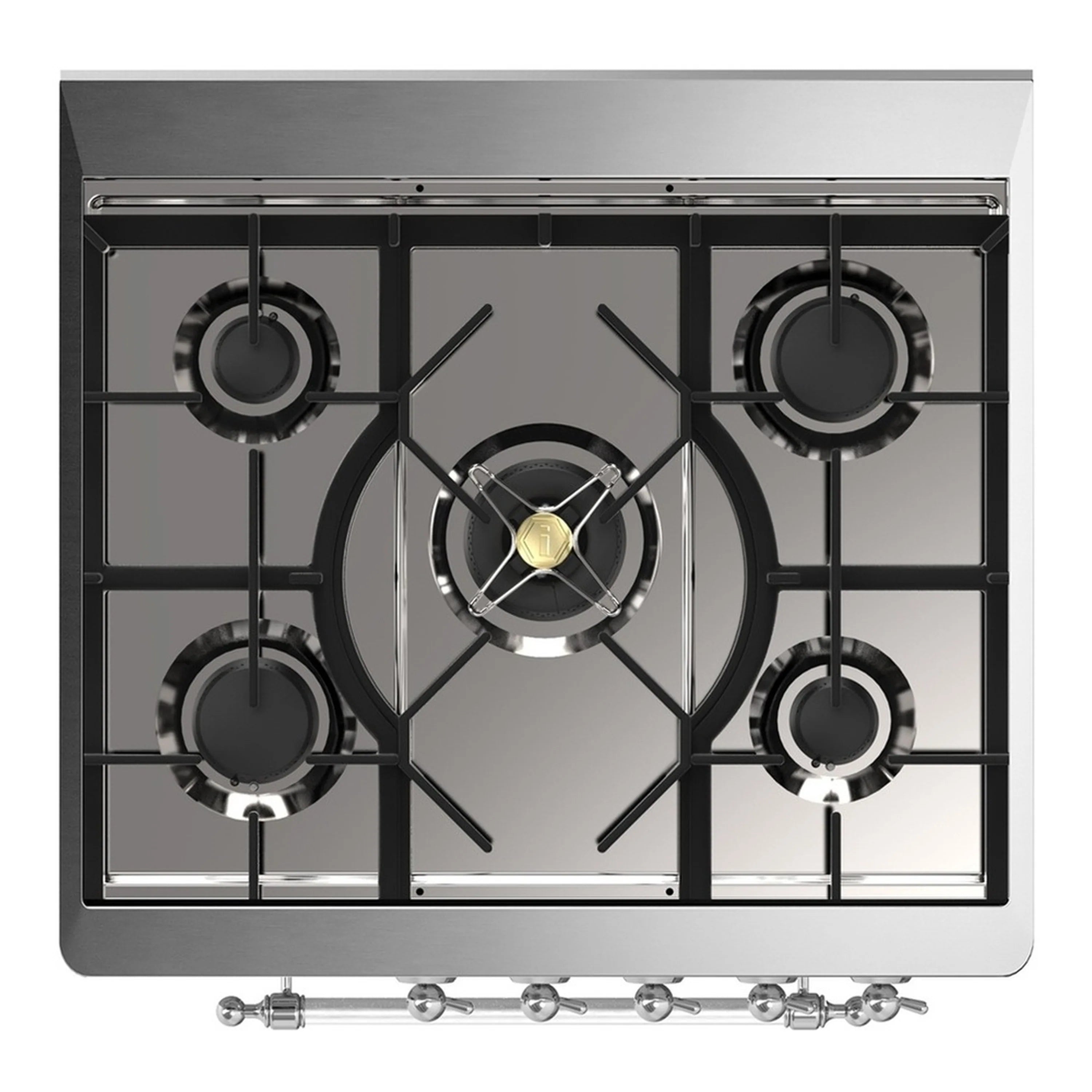 5-burner graphite dual fuel range cooktop with burner grates and chrome control area